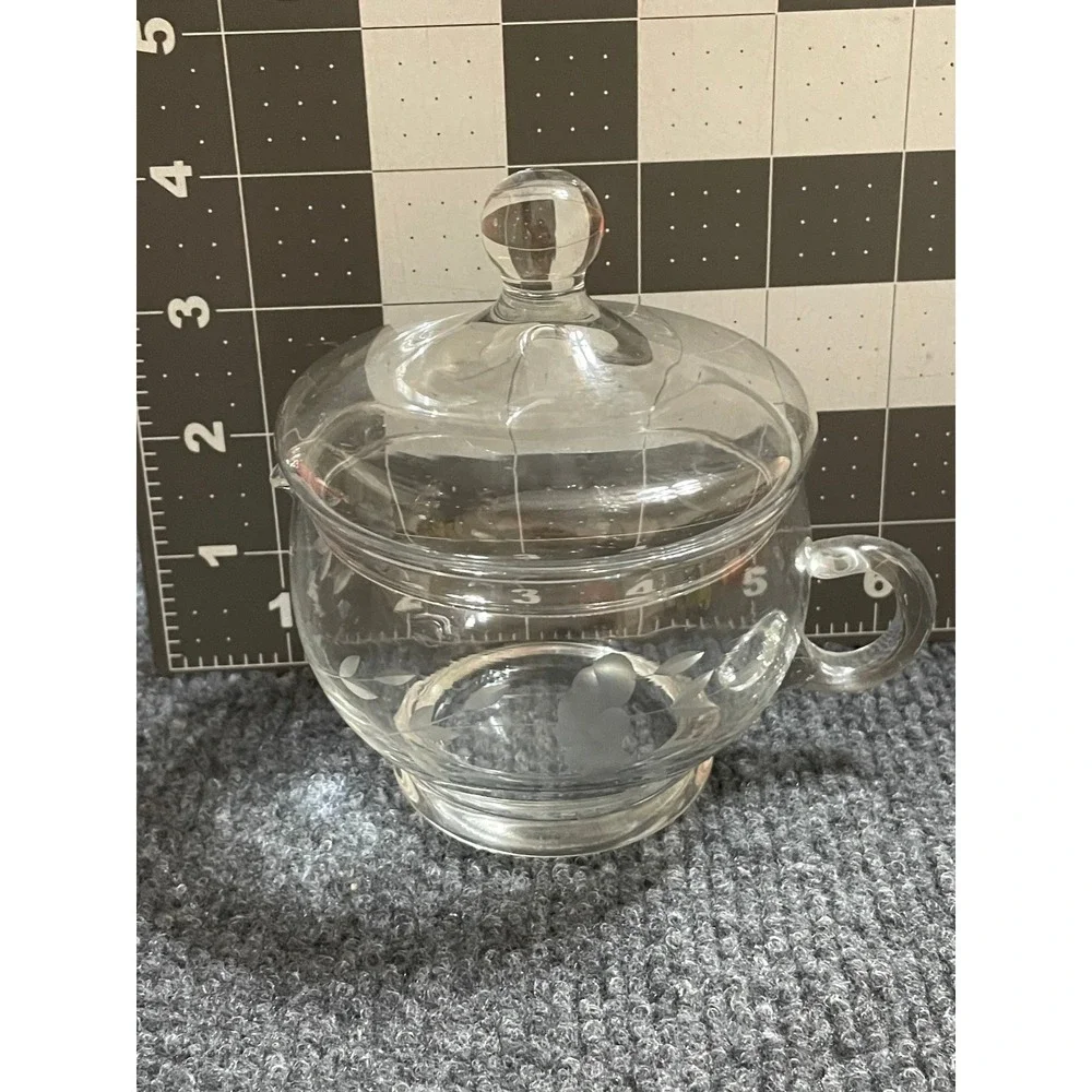 Vintage Etched Glass Jam Jar with Lid and Handle Clear Floral Condiment Server